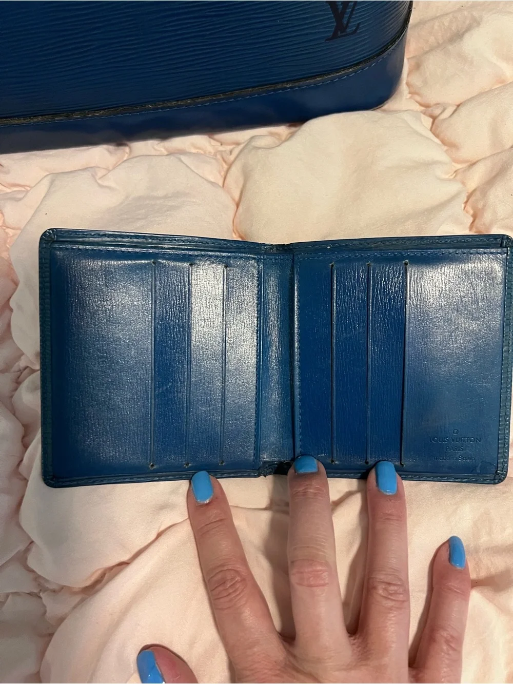 Authentic Louis Vuitton Blue Epi Leather Alma Satchel with Matching Card Holder